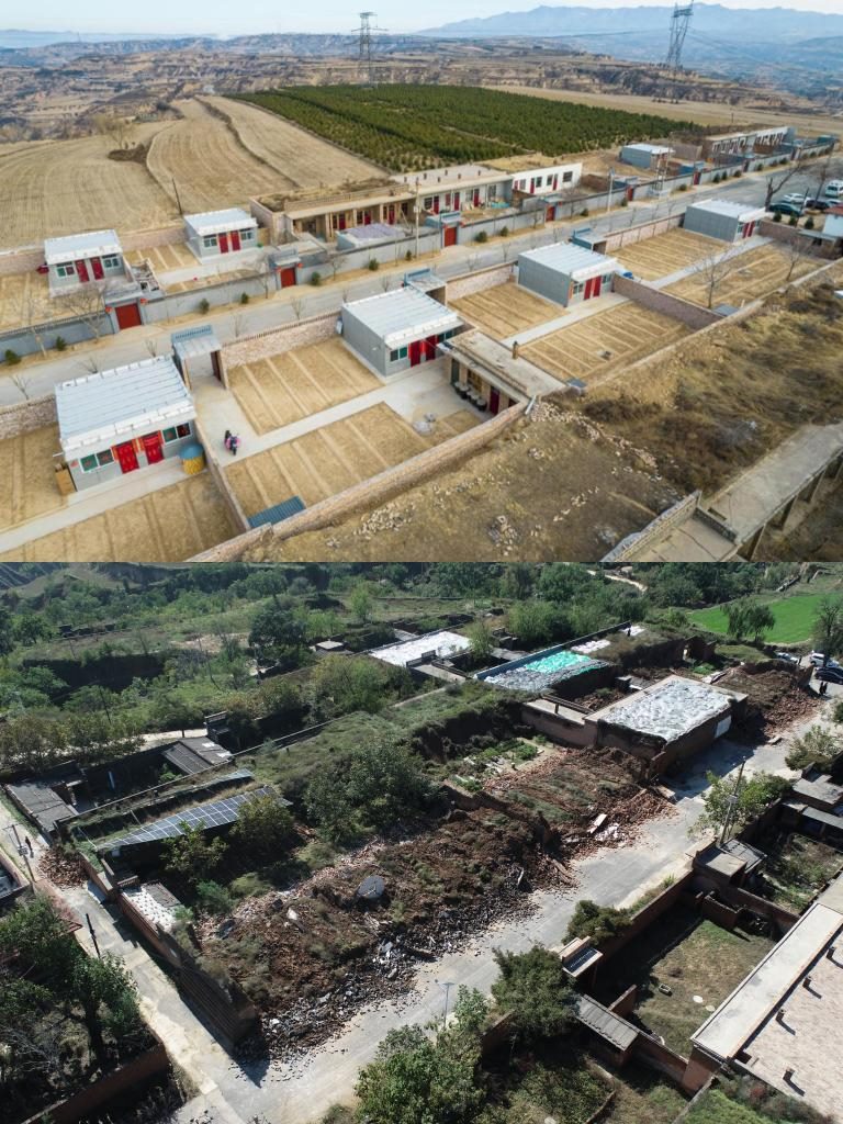 拼版照片，上圖是2022年1月山西省霍州市師莊鄉(xiāng)馮南垣村災(zāi)后恢復(fù)重建后的場景，下圖是2021年10月村莊因災(zāi)受損的場景。(霍州市委宣傳部供圖)