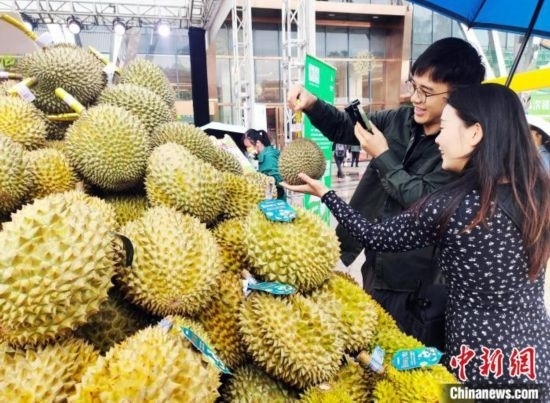 圖為廣西南寧市民在選購(gòu)榴蓮。黃艷梅 攝
