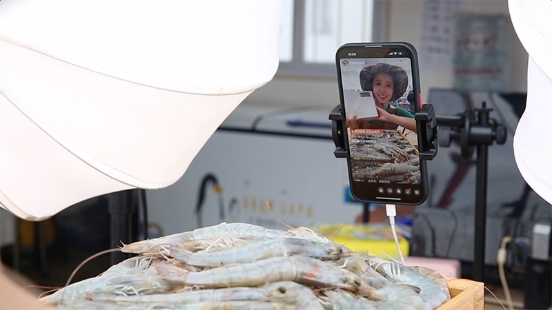 江蘇連云港，村民進(jìn)行直播銷售。范堯攝