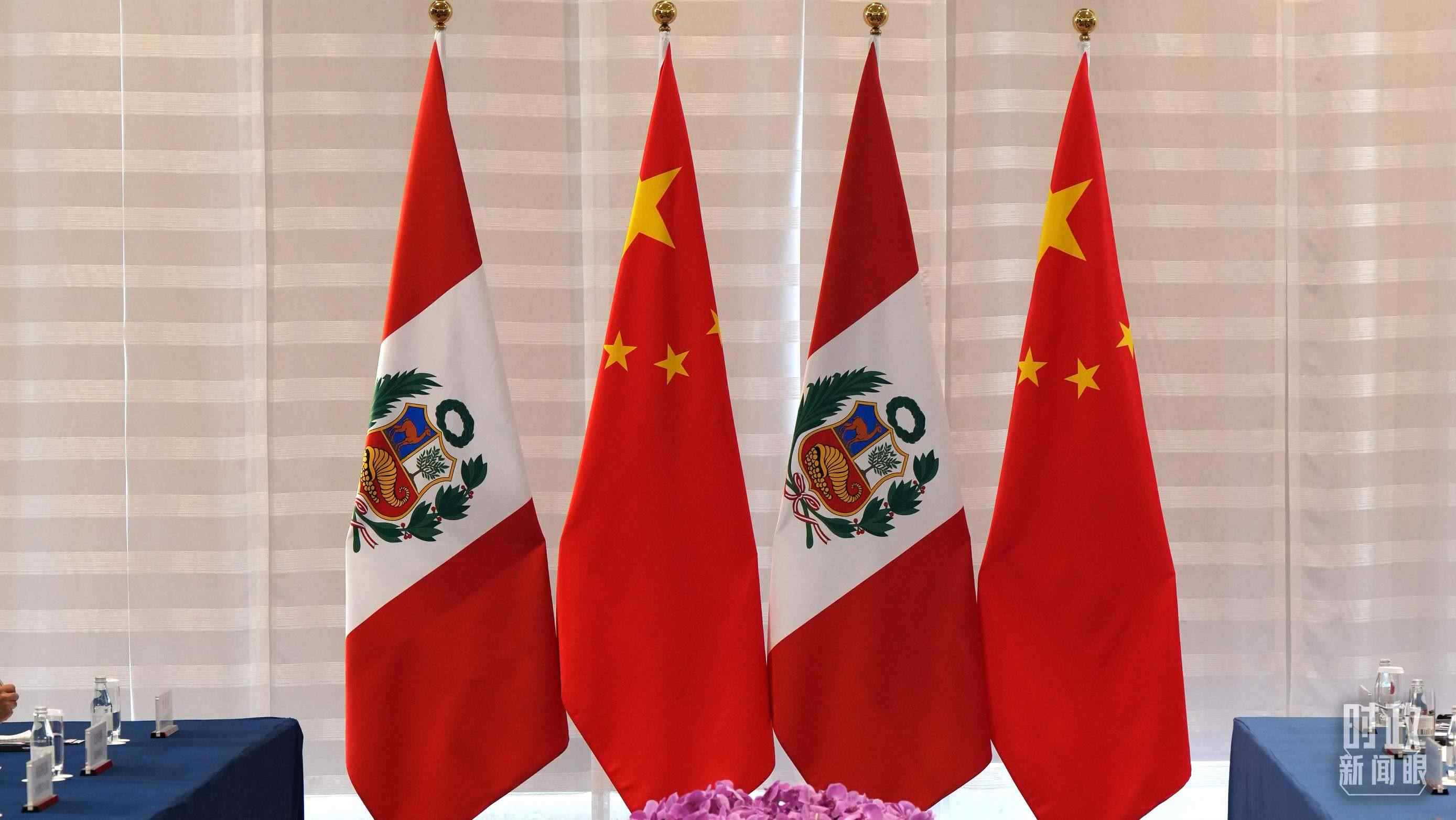 △會(huì)談現(xiàn)場的中秘兩國國旗。（總臺國廣記者李晉拍攝）