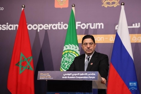 12月20日，在摩洛哥南部城市馬拉喀什舉行的第六屆阿拉伯-俄羅斯合作論壇主議程結束后，摩洛哥外交大臣布里達在記者會上講話。新華社記者霍晶攝