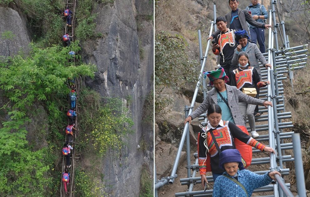 “懸崖村”今昔對(duì)比：左圖為2016年5月14日，“懸崖村”的孩子們攀爬木梯回家。右圖為2020年5月13日，“懸崖村”村民帶著行李通過(guò)鋼梯下山，搬遷至易地扶貧集中安置點(diǎn)的新家。