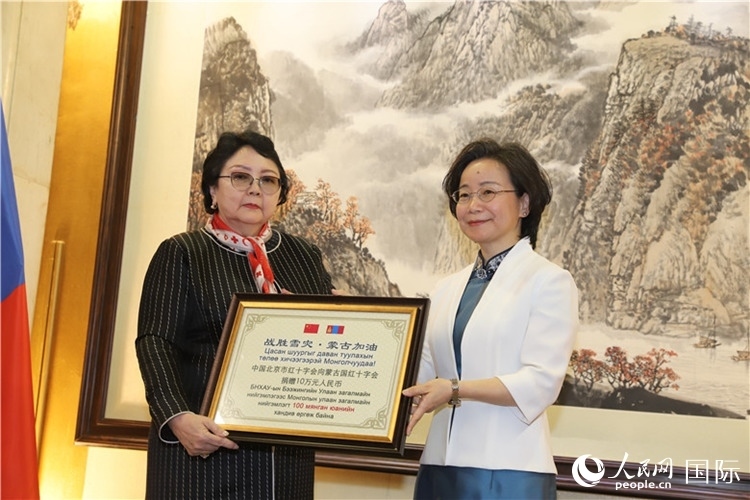 沈大使向?qū)殑跔柆敚ㄗ螅┟貢?shū)長(zhǎng)轉(zhuǎn)交捐款。人民網(wǎng)記者 霍文攝