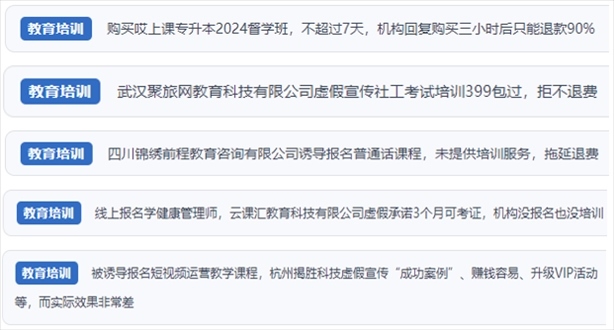 “人民投訴”用戶舉報機構虛假宣傳包過包拿證、虛假承諾收益效果、課程服務貨不對板、退款難等在線教培亂象。（“人民投訴”平臺截圖）