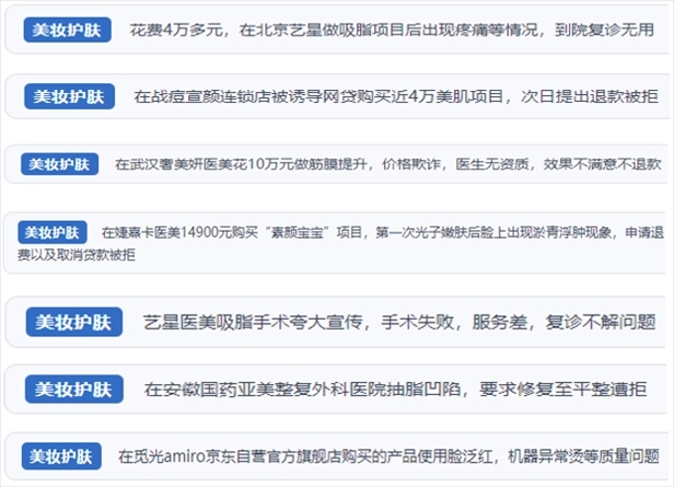 “人民投訴”用戶舉報醫(yī)美未達預期效果或導致身體損傷退款遭拒、機構及服務人員虛假資質(zhì)、被誘導高額醫(yī)美貸、網(wǎng)購美容儀器質(zhì)量不過關等問題。（“人民投訴”平臺截圖）