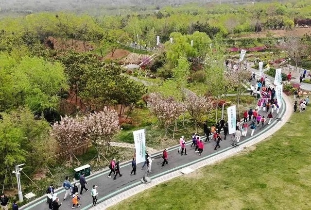 4月27日，登山愛好者在浮山森林公園參加登山健身活動（無人機照片）。新華社記者 李紫恒攝