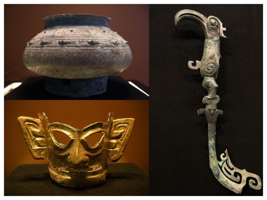 拼版照片：左上圖為青銅瓿，左下圖為黃金面具，右圖為青銅樹枝。新華社記者唐文豪 攝