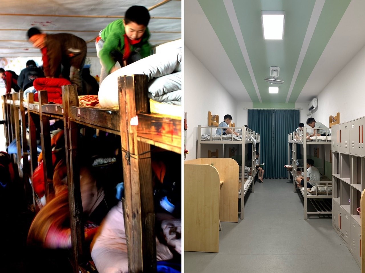 縉云縣東渡鎮(zhèn)長坑小學(xué)2005年以前的學(xué)生宿舍（左），以及現(xiàn)在的學(xué)生宿舍（右） 學(xué)校供圖