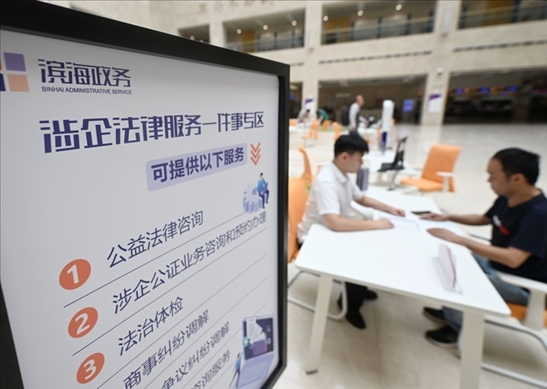 在天津濱海新區(qū)政務(wù)服務(wù)中心，工作人員在“涉企法律服務(wù)一件事”專區(qū)為市民提供服務(wù)（2024年7月31日攝）。新華社記者 趙子碩 攝