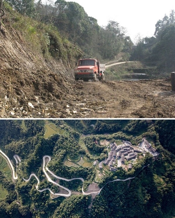 拼版照片：上圖為2011年12月拍攝的湖南省湘西土家族苗族自治州花垣縣十八洞村進(jìn)村道路；下圖為2019年9月拍攝的十八洞村及進(jìn)村道路。