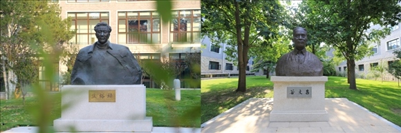 拼版照片：左圖為中央黨校（國家行政學(xué)院）校園內(nèi)的焦裕祿雕塑；右圖為中央黨校（國家行政學(xué)院）校園內(nèi)的谷文昌雕塑。