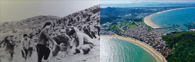 拼版照片：左圖為東山縣群眾在荒山上種植樹苗（資料照片）；右圖為2020年6月18日拍攝的東山縣陳城鎮(zhèn)澳角村附近風(fēng)光（無人機照片，新華社記者 姜克紅 攝）。