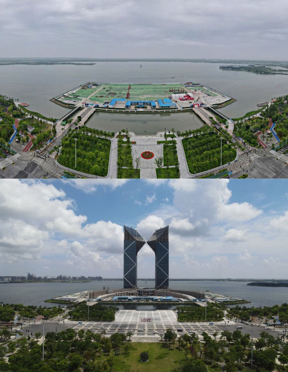 拼版照片：空中俯瞰中國（上海）自由貿(mào)易試驗區(qū)臨港新片區(qū)滴水湖西島中銀金融中心項目現(xiàn)場（上圖為2021年6月20日攝，無人機照片；下圖為2024年8月14日攝，無人機照片）。2019年8月20日，臨港新片區(qū)揭牌成立，一個開放新高地在長江與東海交匯處日益崛起。