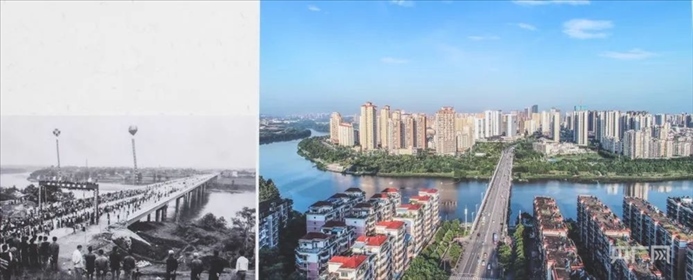 20世紀(jì)90年代的武龍大橋（左）和改造提升后的武龍大橋（右）（央廣網(wǎng)發(fā) 贛州市委網(wǎng)信辦供圖）