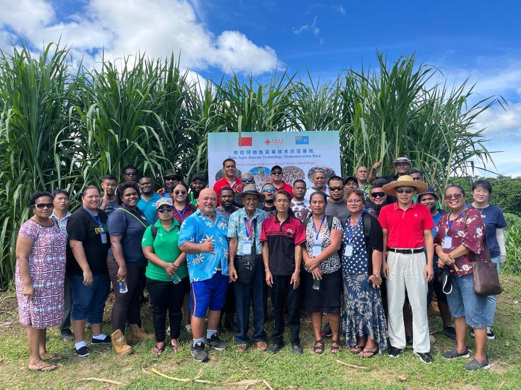 2024年2月28日，來自巴布亞新幾內(nèi)亞、湯加、庫克群島、薩摩亞、瑙魯?shù)葒业摹疤窖髰u國菌草技術(shù)培訓(xùn)班”學(xué)員在斐濟布拉阿格魯菌草技術(shù)示范基地合影。新華社發(fā)（中國援斐濟菌草技術(shù)示范中心供圖）