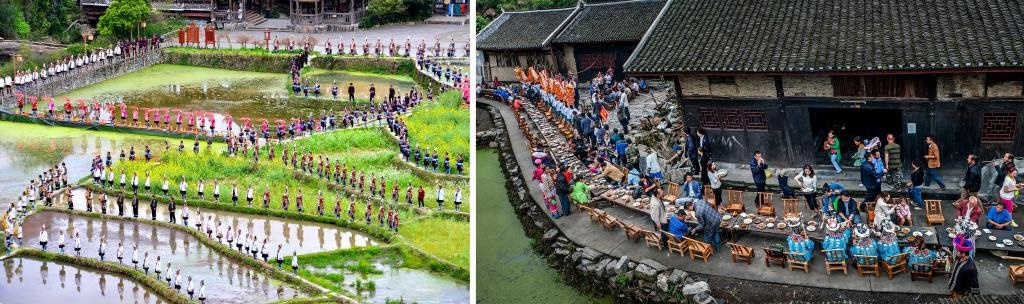 左圖：近期，人們?cè)诶杵娇h肇興侗寨的田園里演唱侗族大歌（黎平縣委宣傳部供圖）；右圖：這是2023年拍攝的十八洞村長(zhǎng)桌宴（湘西州委宣傳部供圖）。