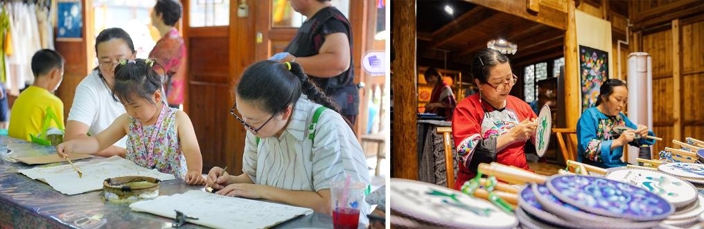 左圖：近期，游客在黎平縣肇興侗寨體驗(yàn)非遺蠟染藝術(shù)（黎平縣委宣傳部供圖）；右圖：這是2024年拍攝的繡娘在十八洞村梨子寨苗繡鄉(xiāng)村振興示范基地制作苗繡產(chǎn)品（湘西州委宣傳部供圖）。