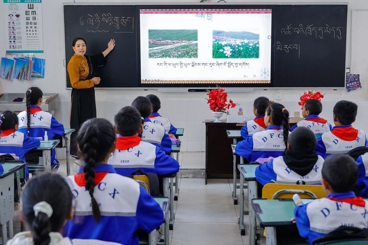 2024年9月27日，在四川省甘孜藏族自治州道孚縣城關(guān)第一完全小學(xué)，采取“藏加模式”教學(xué)的五年級(jí)一班的藏語(yǔ)文課上，準(zhǔn)木周老師指導(dǎo)藏族學(xué)生以家鄉(xiāng)草原風(fēng)物為主題寫(xiě)作藏語(yǔ)文作文。新華社記者 沈伯韓 攝